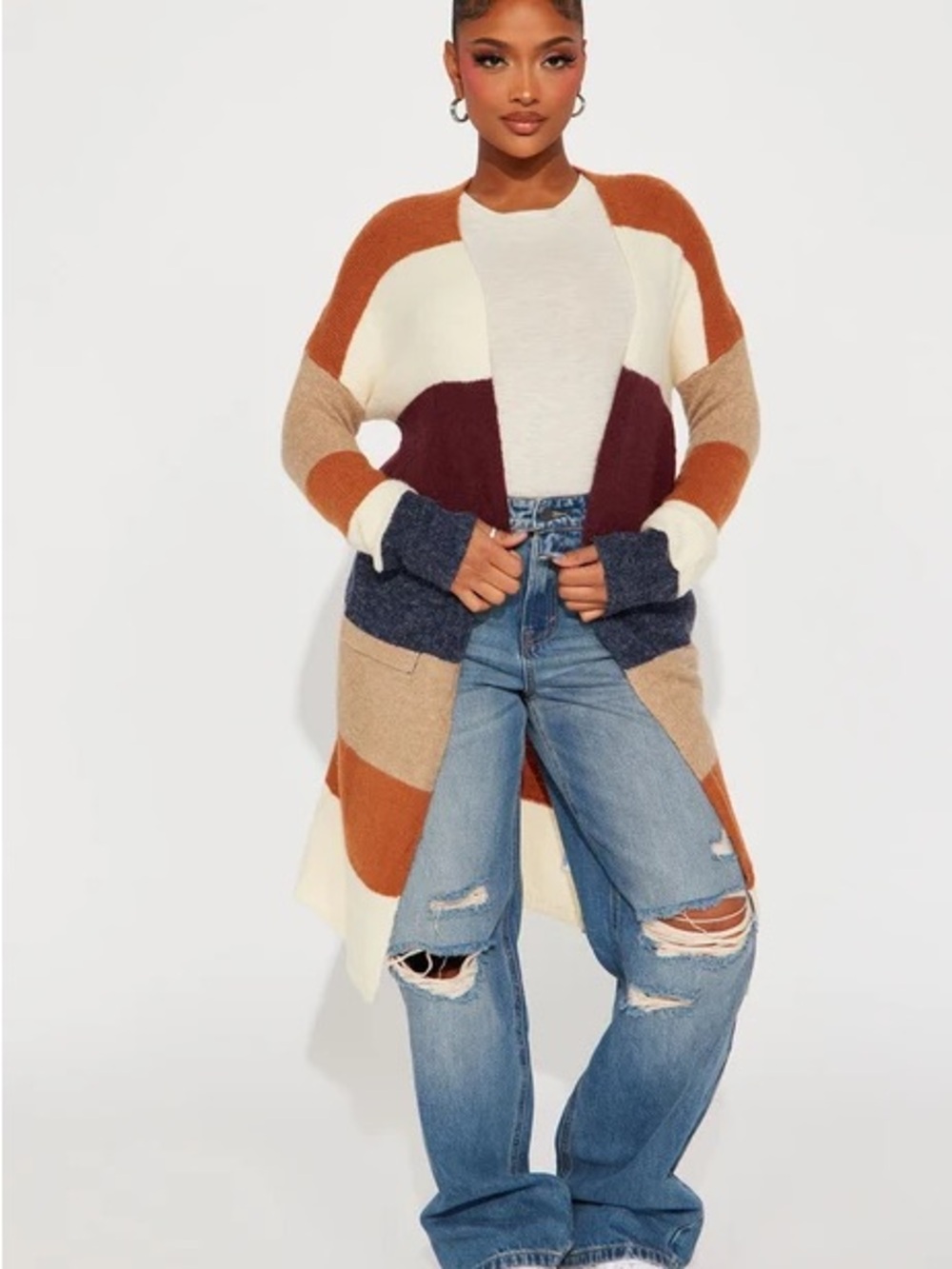 Multi-Block Open Cardigan in Cream, Tan & Rust
